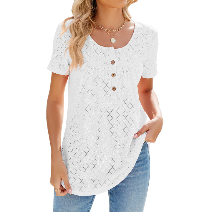 Solid Color Round Neck Loose Fit with Buttons T-shirt