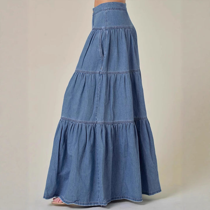Distressed Vacation-Style Tiered Denim Skirt