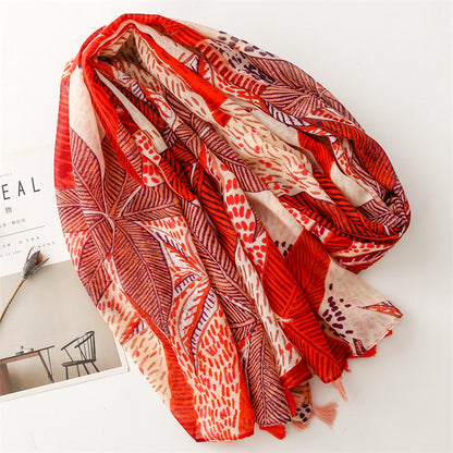 Orange-Red Leaf Floral Silk Scarf Shawl