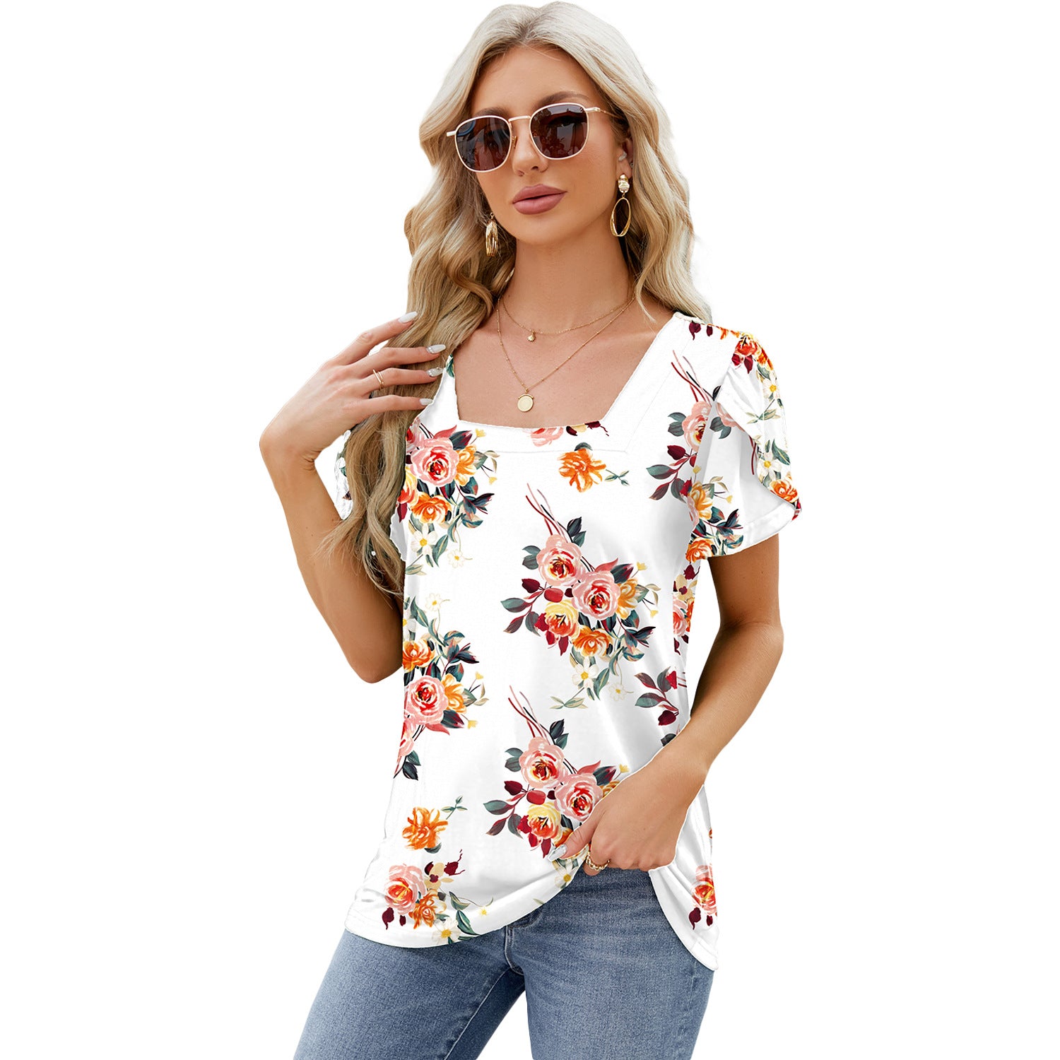 Fashionable Simple Square Neck Petal Print Loose T-shirt