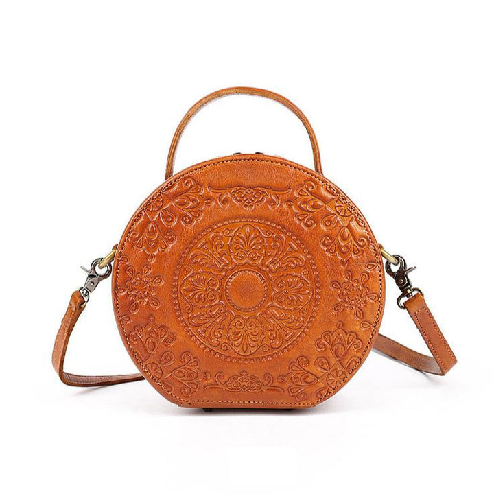 Genuine Leather Vintage Small Round Crossbody Shoulder Bag