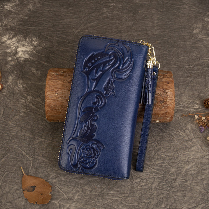 Vintage Rose Scroll Embossed Long Wallet