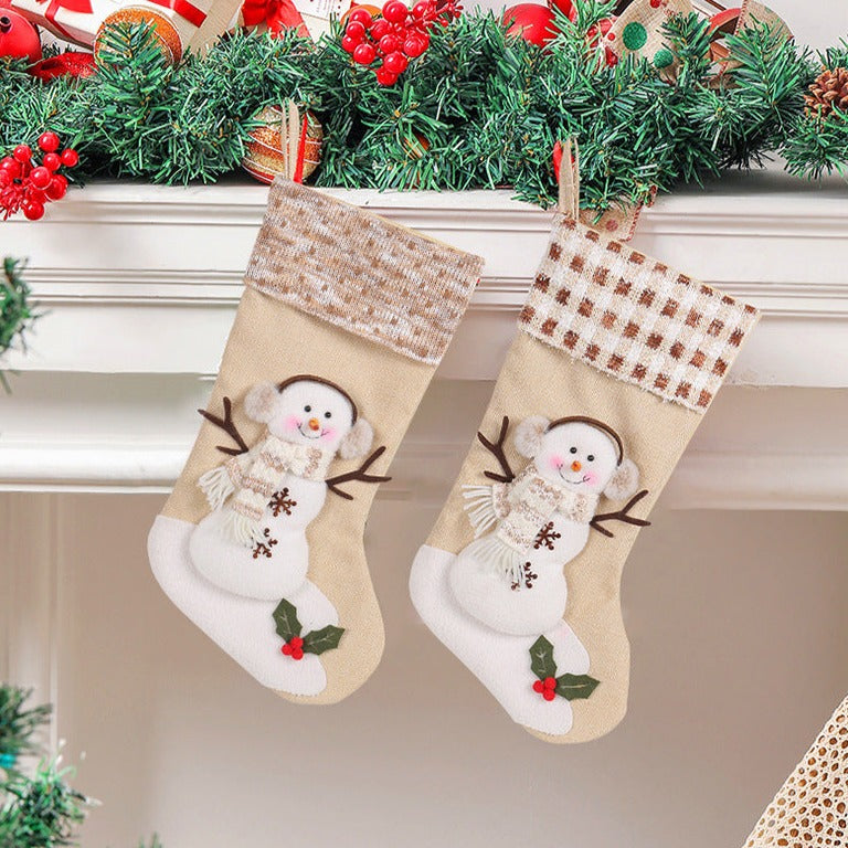 Snowman Christmas Stocking with Checkered Stripe Cuff Gift Bag