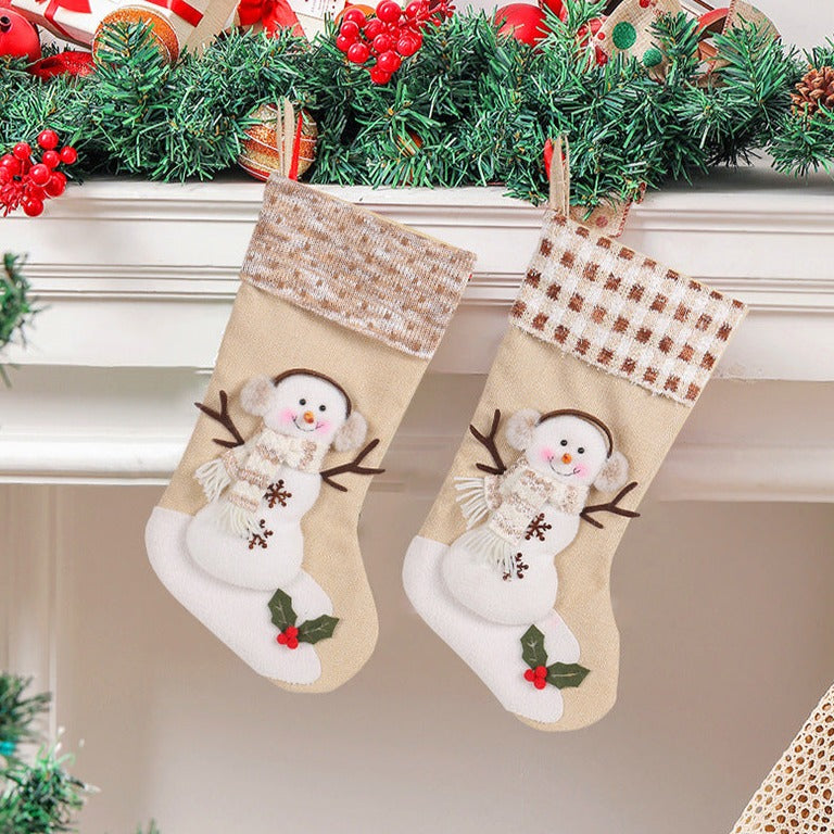 Calcetín navideño de muñeco de nieve con bolso de regalo a cuadros a cuadros