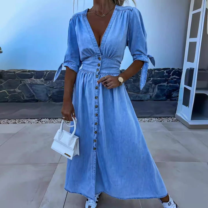 Fashionable Sexy V-Neck Long Button Denim Dress