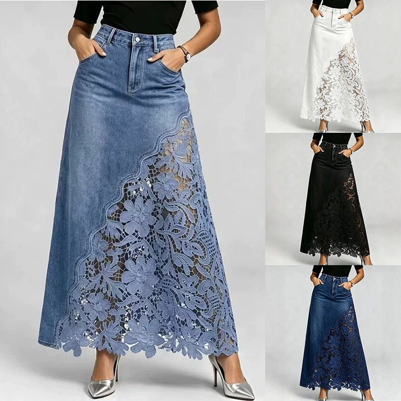 Patchwork-Maxirock aus Denim mit hoher Taille und Spitze