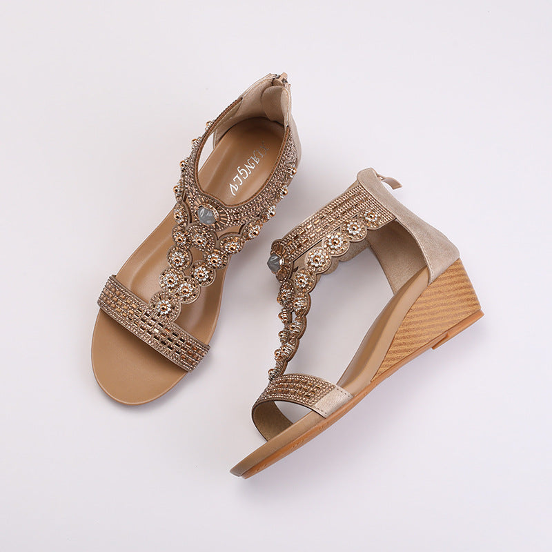 Boho Rhinestone Wedge Sandals
