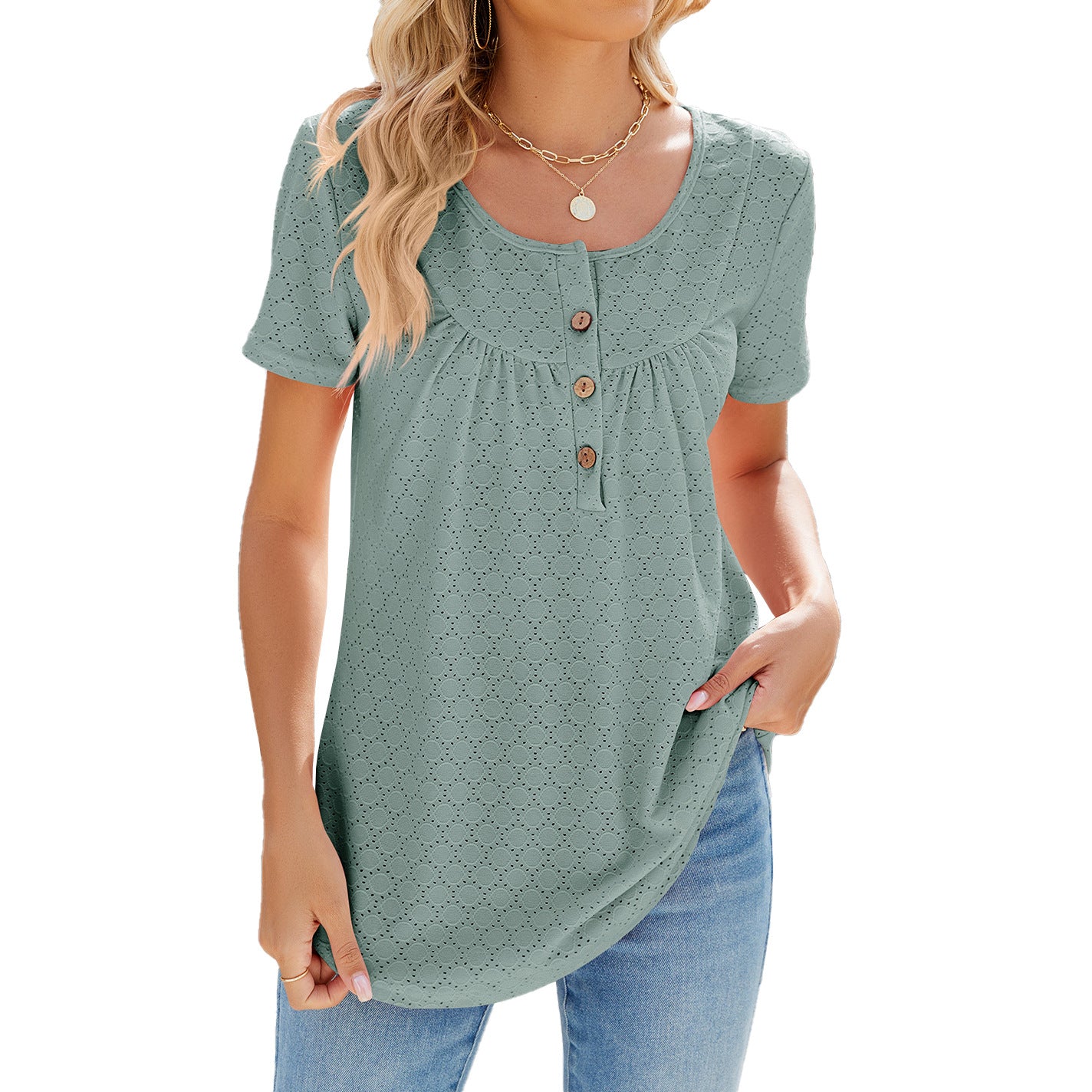 Solid Color Round Neck Loose Fit with Buttons T-shirt