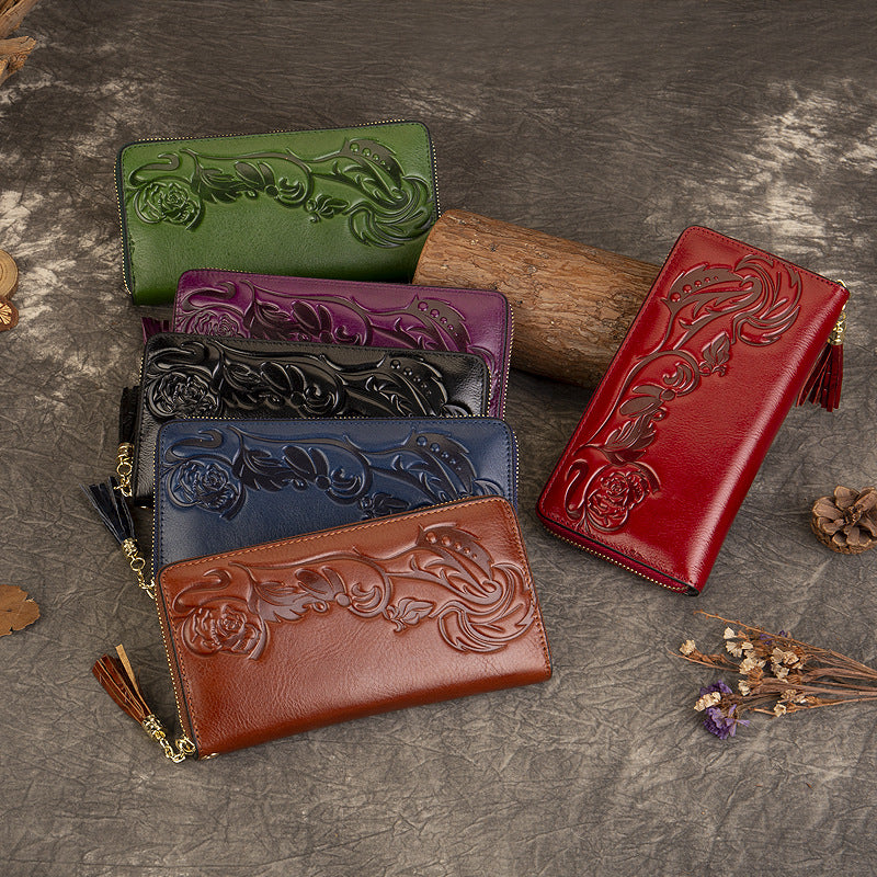 Vintage Rose Scroll Embossed Long Wallet