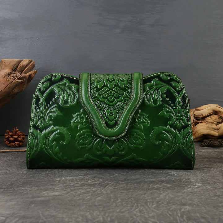 Genuine Leather Embossed Floral Clutch Crossbody Bag