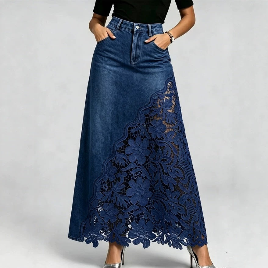 Patchwork-Maxirock aus Denim mit hoher Taille und Spitze