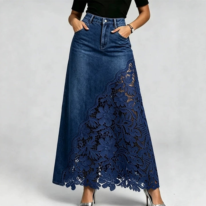 Patchwork-Maxirock aus Denim mit hoher Taille und Spitze