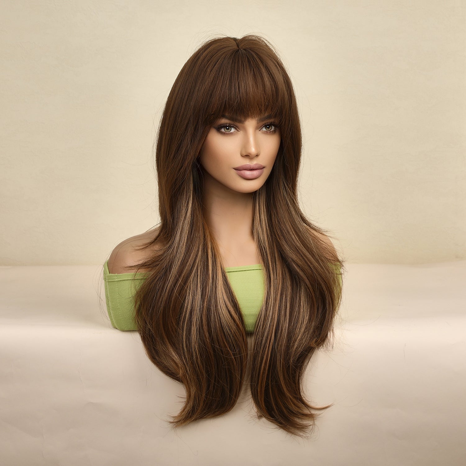 Gradual Golden Brown Long Hair with Full Bangs Wig