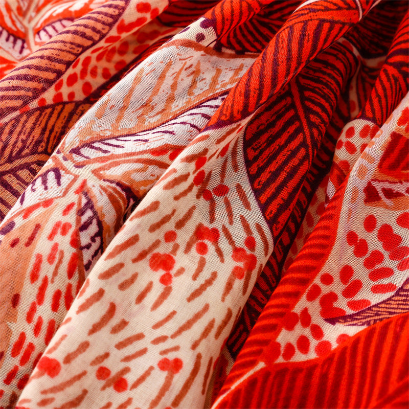 Orange-Red Leaf Floral Silk Scarf Shawl