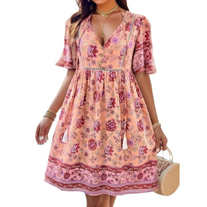 Leisure Vacation Printed Short Sleeve Dress