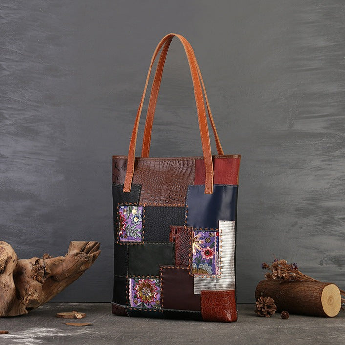 Handmade Vintage Leather Patchwork Large Capacity Shoulder Bag