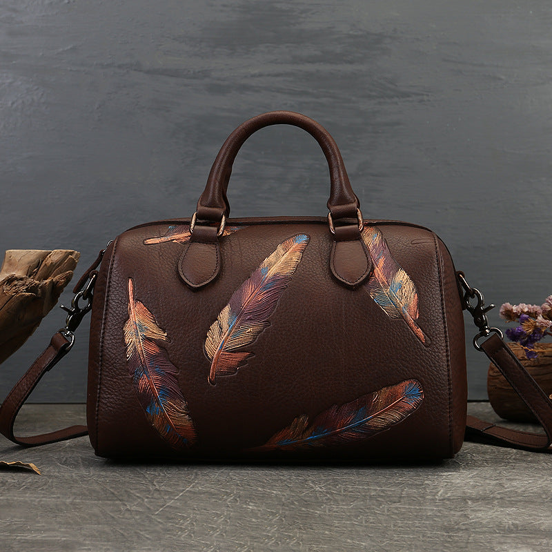 Feather-Embossed Genuine Leather Casual Fashion Bag