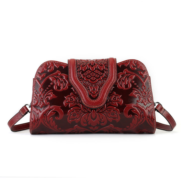 Genuine Leather Embossed Floral Clutch Crossbody Bag