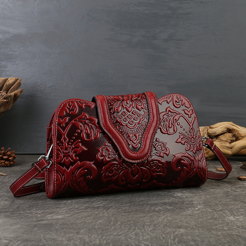 Genuine Leather Embossed Floral Clutch Crossbody Bag