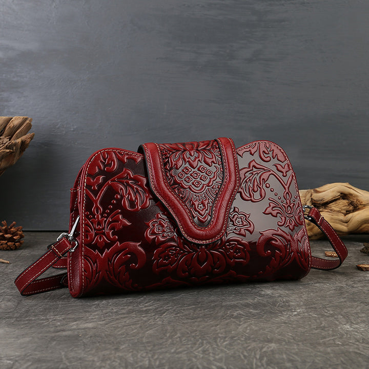 Genuine Leather Embossed Floral Clutch Crossbody Bag