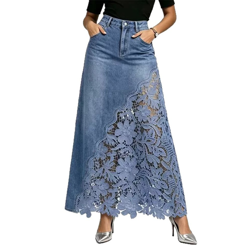 Patchwork-Maxirock aus Denim mit hoher Taille und Spitze
