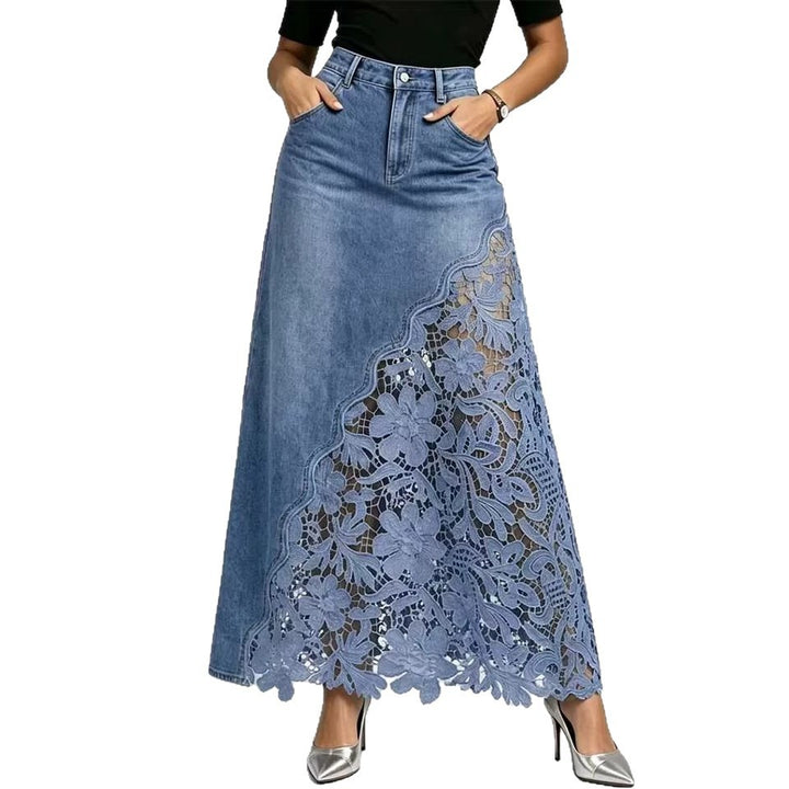 Patchwork-Maxirock aus Denim mit hoher Taille und Spitze