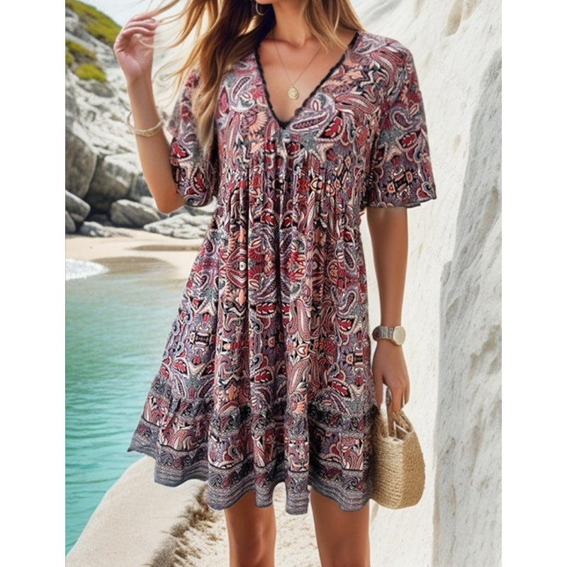 Robe imprimée de loisirs de vacances en V-Neck