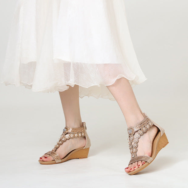 Boho Rhinestone Wedge Sandals