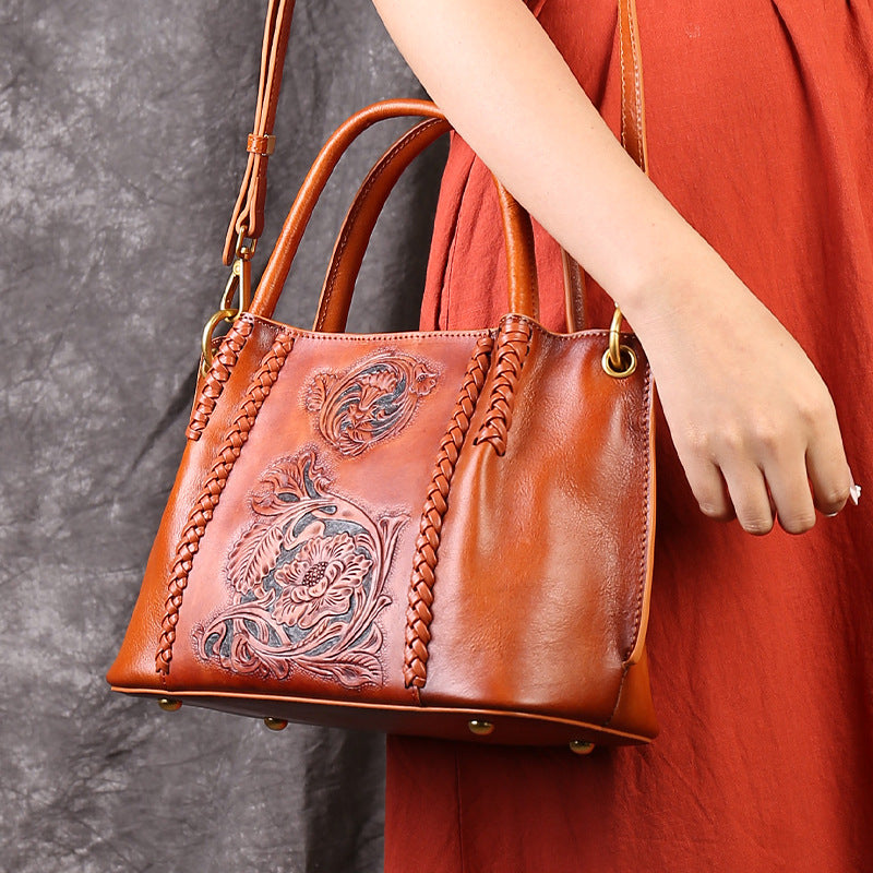 Tote-Handtasche aus Leder mit Blumenmuster