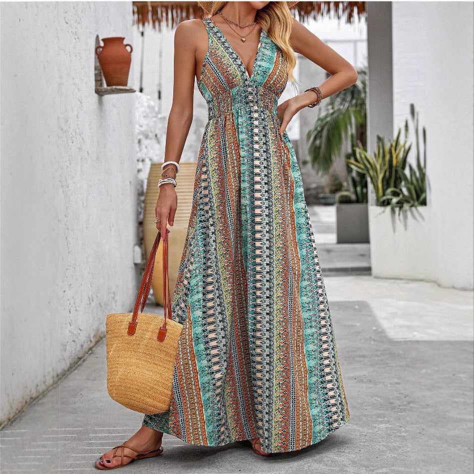 Vestido de férias de praia de decote em V de pescoço e de-deco