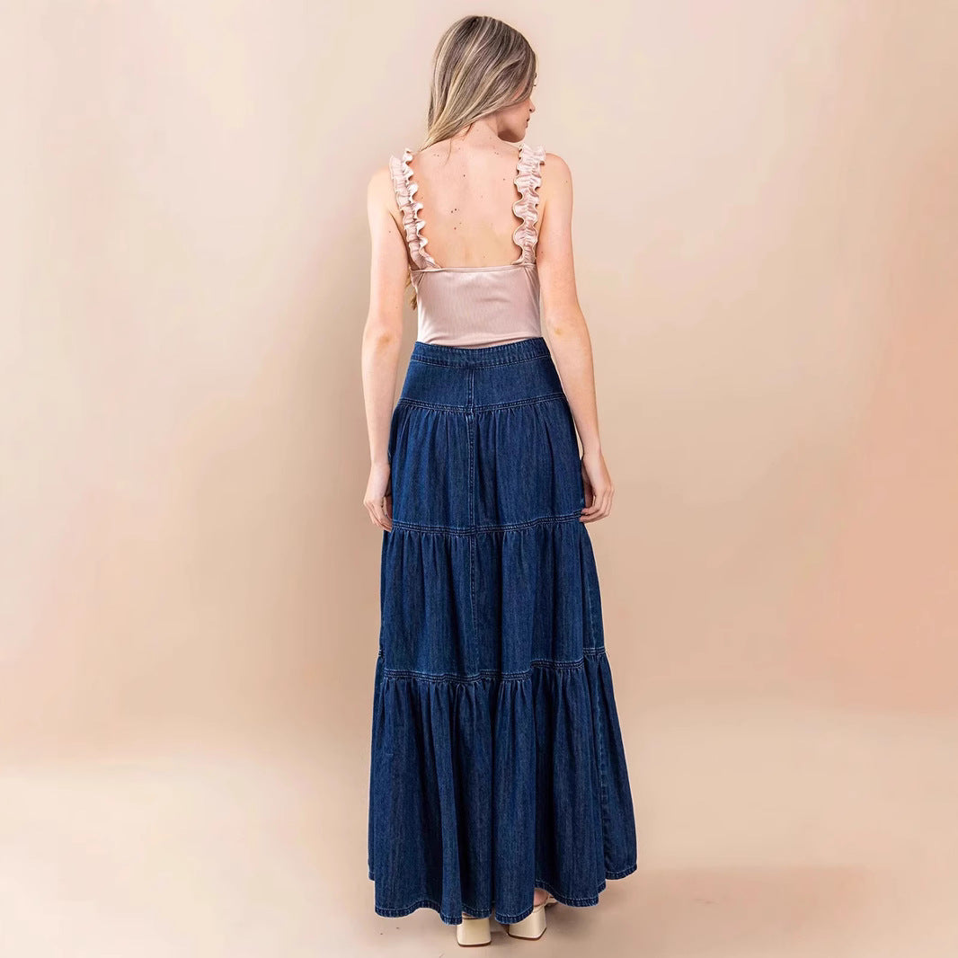 Distressed Vacation-Style Tiered Denim Skirt