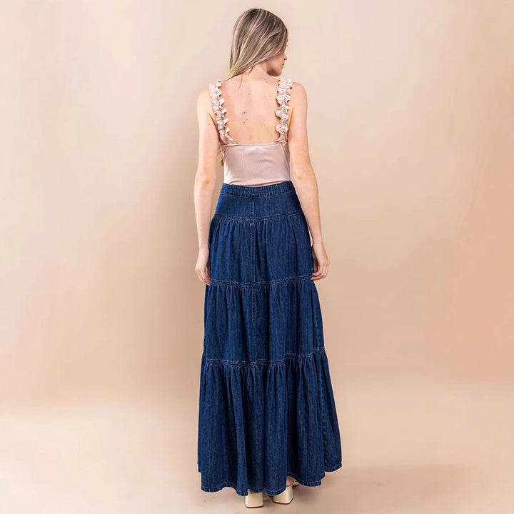 Distressed Vacation-Style Tiered Denim Skirt