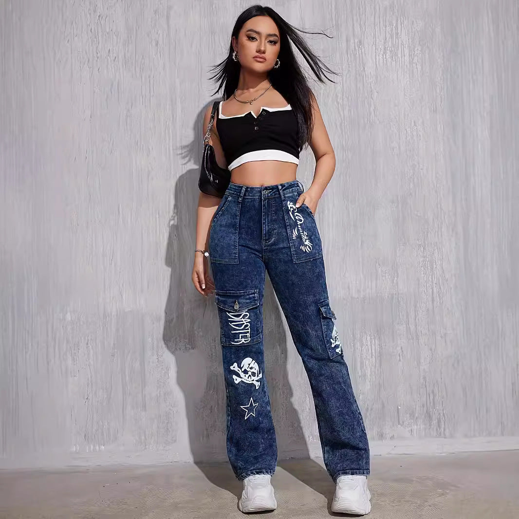 Vintage Chic Cargo Loose Straight-Leg Jeans