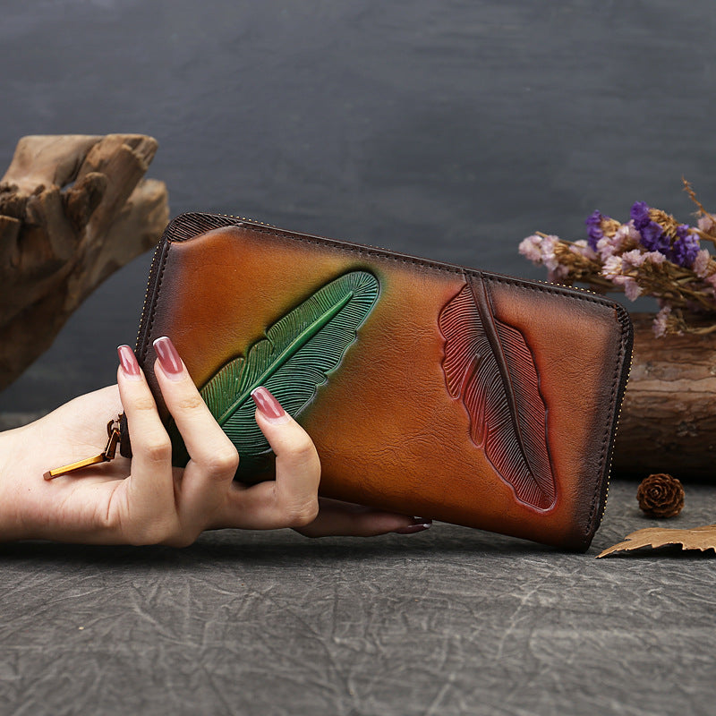 Vintage Floral Embossed Long Genuine Leather Wallet