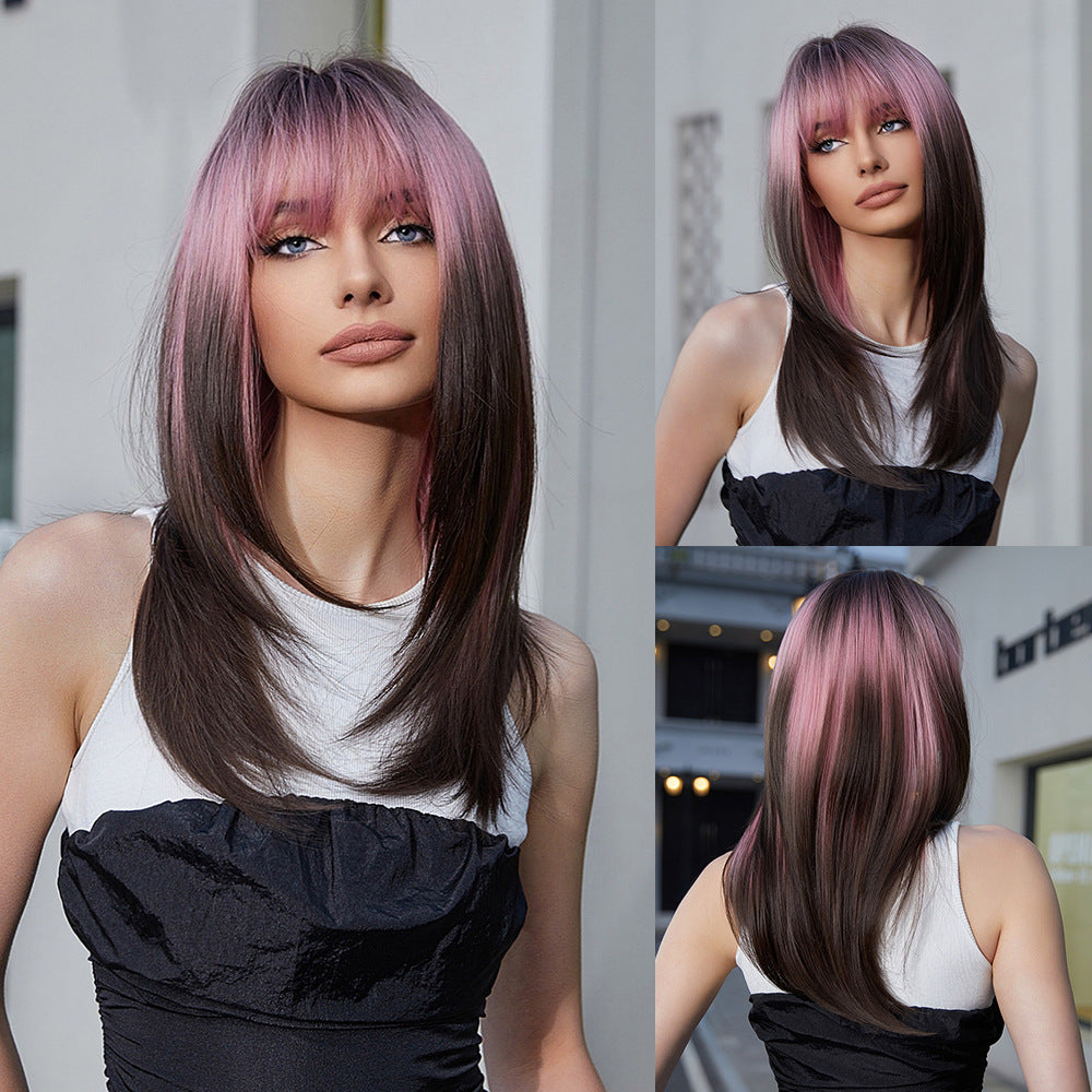 Punk Style Pink Gradient Deep Brown Bob Cut Straight Hair Wig with Bangs