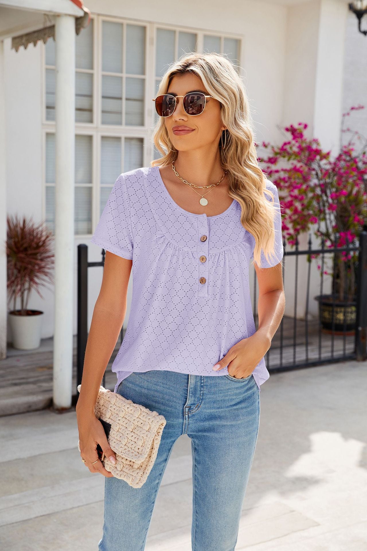 Solid Color Round Neck Loose Fit with Buttons T-shirt