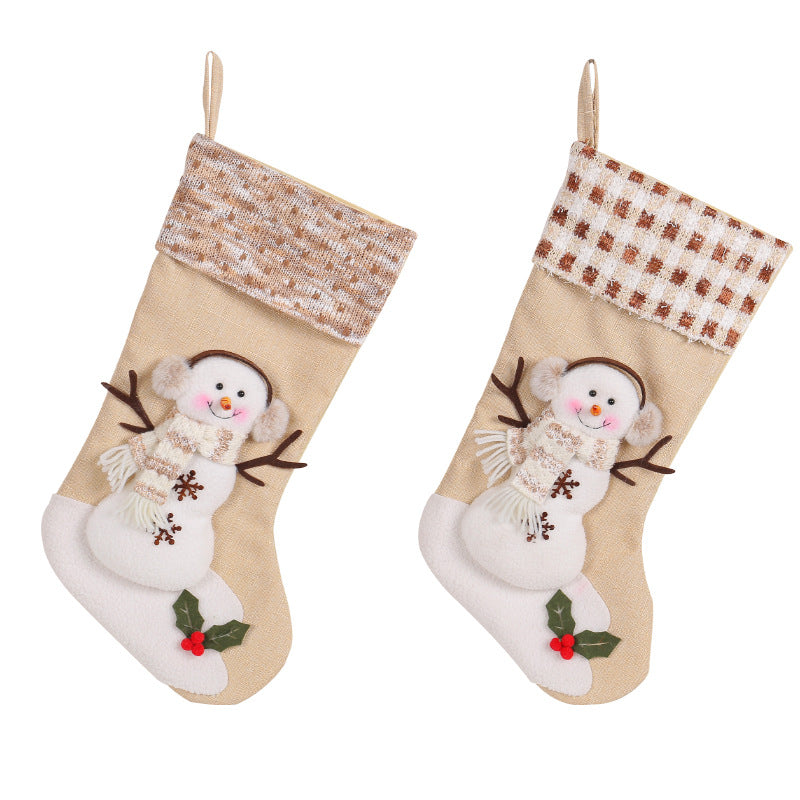 Snowman Christmas Stocking with Checkered Stripe Cuff Gift Bag