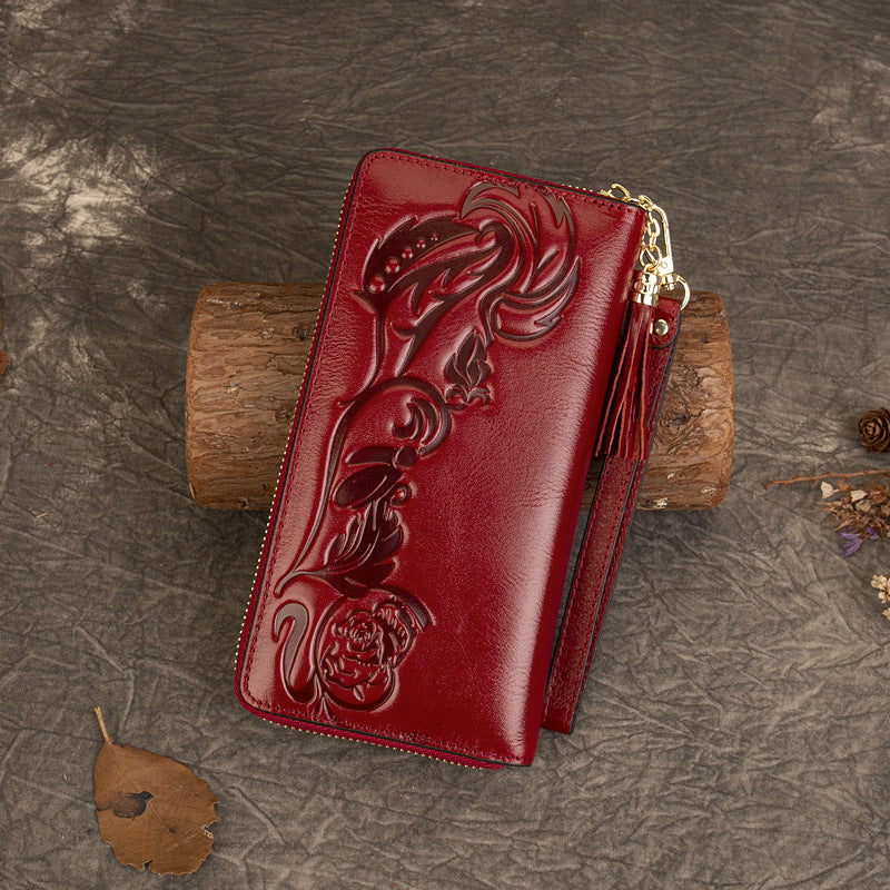 Vintage Rose Scroll Embossed Long Wallet
