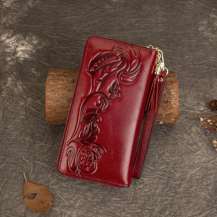 Vintage Rose Scroll Embossed Long Wallet
