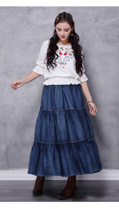 Vintage Flared Patchwork Denim Skirt