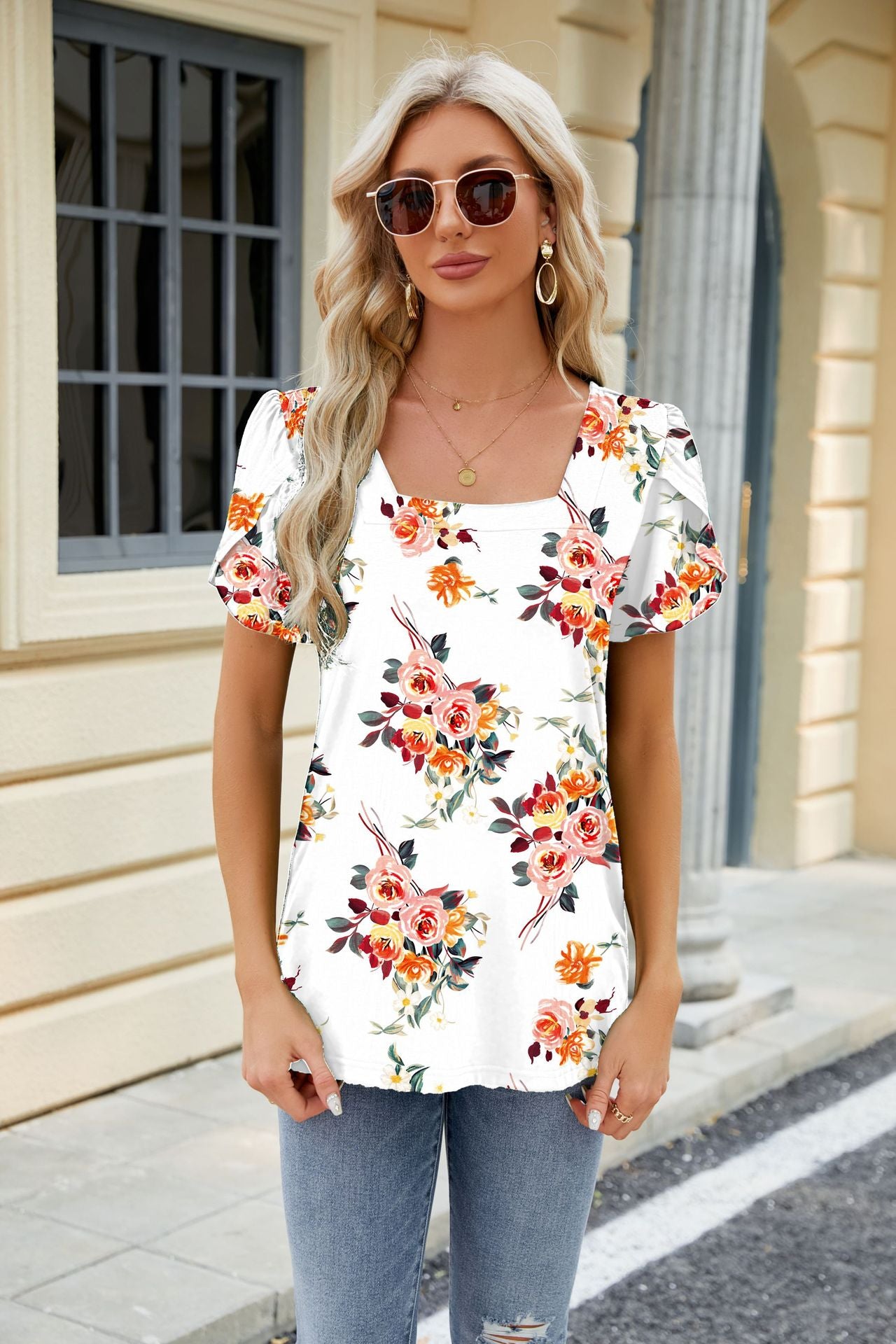 Fashionable Simple Square Neck Petal Print Loose T-shirt