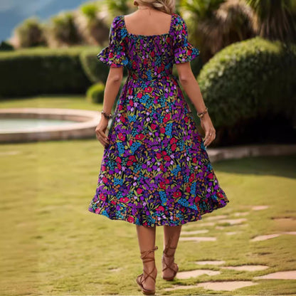 Off-Shoulder Bell Sleeve Floral Dress