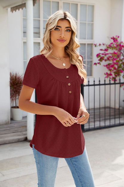 Solid Color Round Neck Loose Fit with Buttons T-shirt