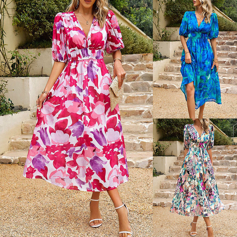 Elegant V-Neck Chiffon Printed Dress