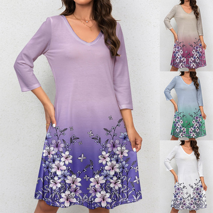 Printed Long Sleeve V-neck Casual Loose Multicolor Dress