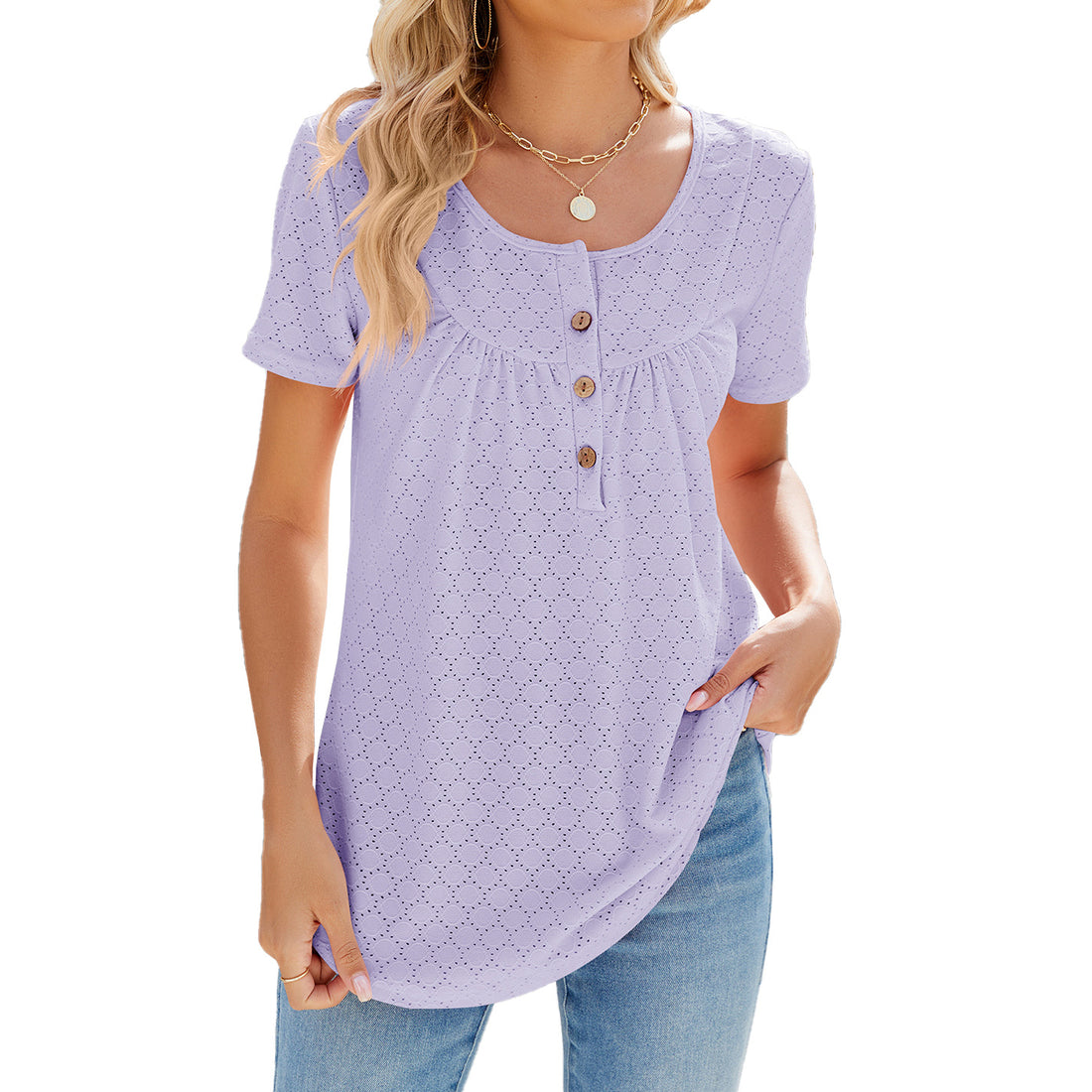 Solid Color Round Neck Loose Fit with Buttons T-shirt