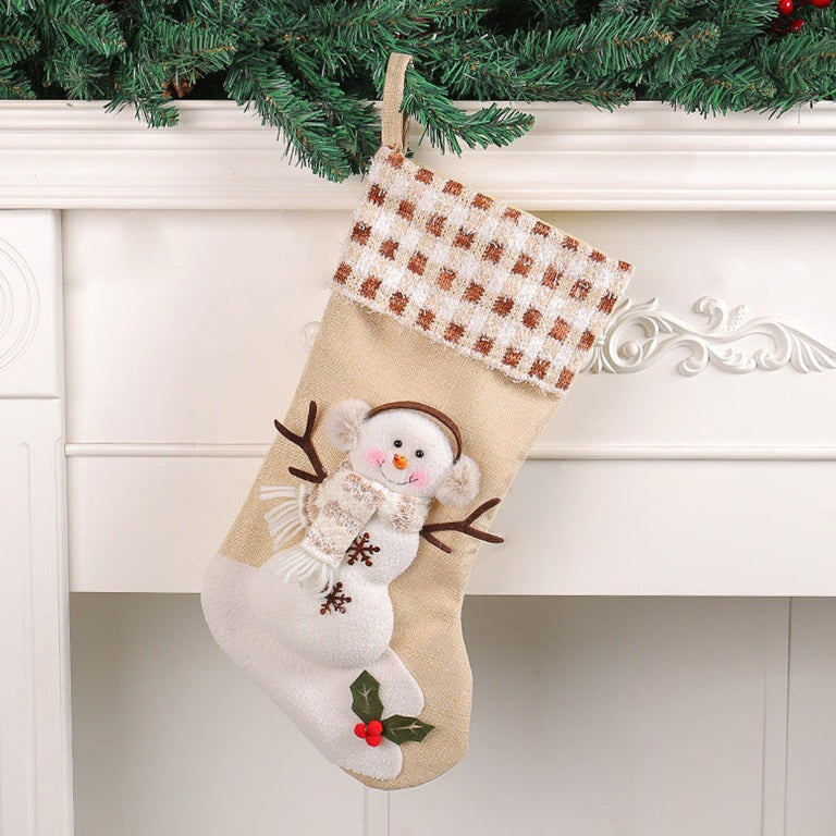 Calcetín navideño de muñeco de nieve con bolso de regalo a cuadros a cuadros