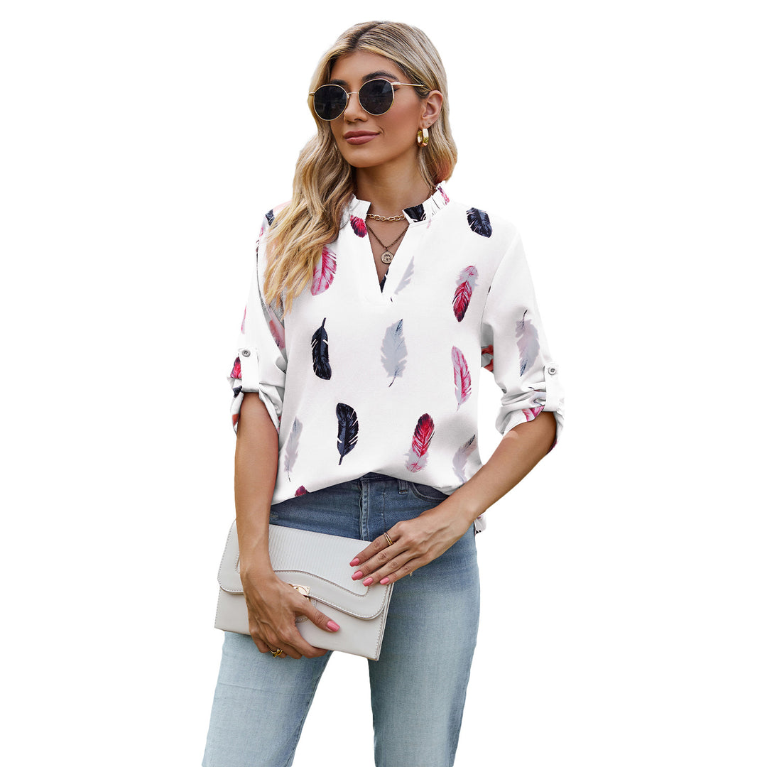 V-neck Feather Print Loose Fit Seven Sleeve Blouse