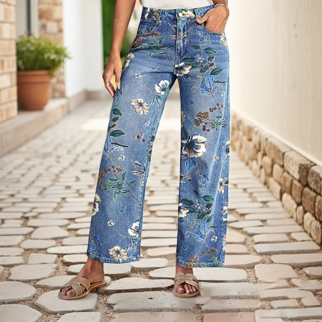High Waist Floral Print Wide Leg Jeans