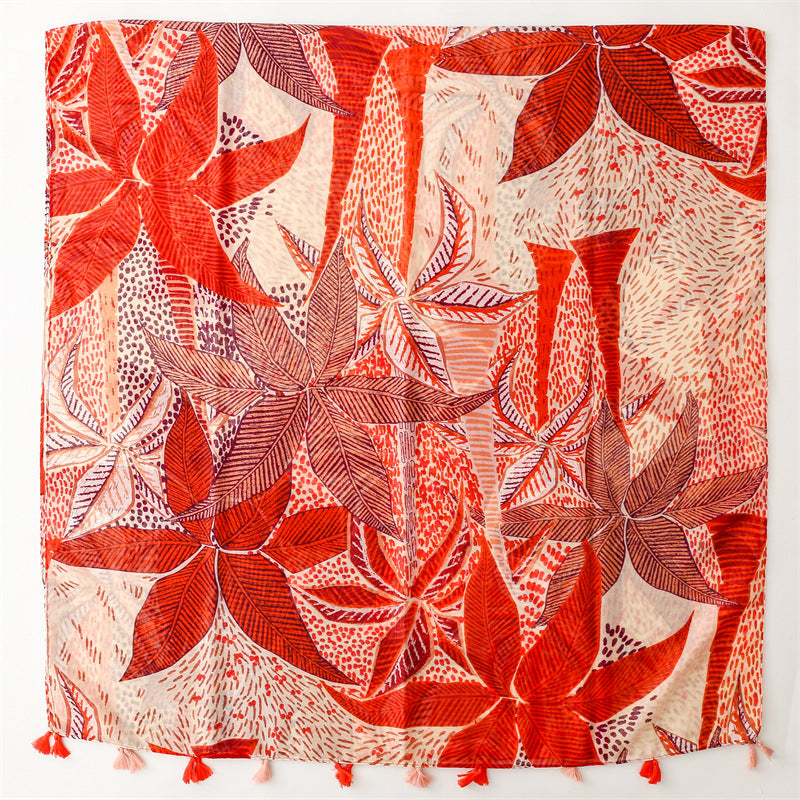 Orange-Red Leaf Floral Silk Scarf Shawl